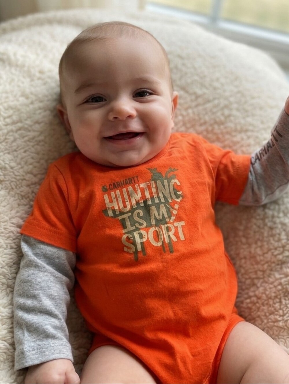 Carhartt 9M Orange Hunting Baby Onesie with Gray Sleeves